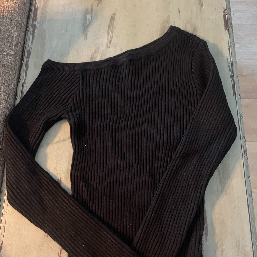Black Ribbed Off-Shoulder Long Sleeve Top